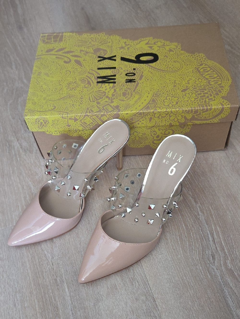 Mix No. 6 Blush Patent Pointed Mule with Clear Studded Straps